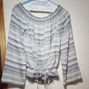 Theory Blue and White Striped Off-Shoulder Blouse